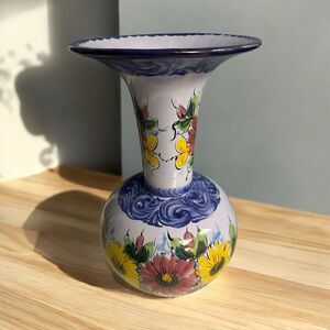 Vintage Alcobaca Portuguese Hand-painted Blue Floral Pottery Vase Large 16” Tall